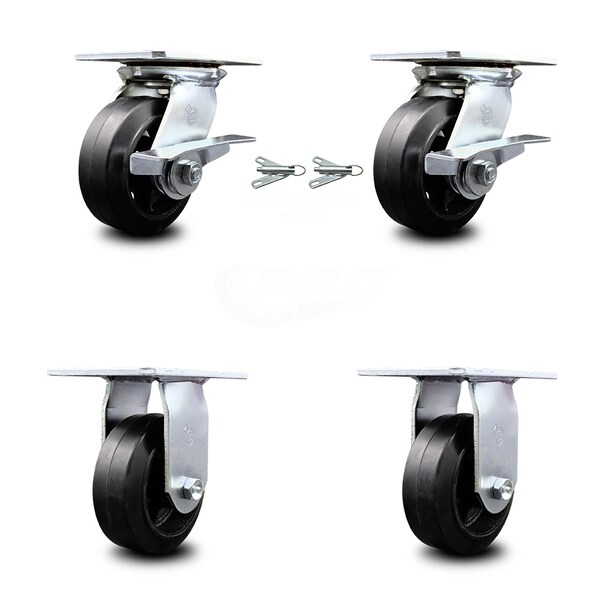 5 Inch Rubber on Steel Caster Brakes/Swivel Locks and 2 Rigid SCC, 2PK